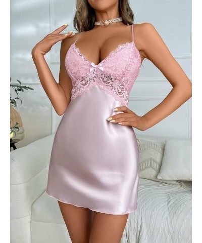 Women's Satin Spaghetti Strap V Neck Floral Lace Cami Night Dress Criss Cross Nightgown Lingerie Dress Baby Pink $14.49 Sleep...