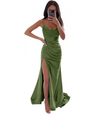 Women's Satin Prom Dress Long with Slit Ruched Mermaid Evening Gowns Formal Dress Olive Green $38.42 Dresses