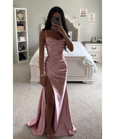 Women's Satin Prom Dress Long with Slit Ruched Mermaid Evening Gowns Formal Dress Olive Green $38.42 Dresses