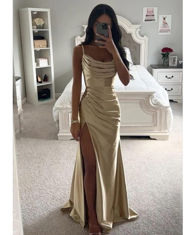 Women's Satin Prom Dress Long with Slit Ruched Mermaid Evening Gowns Formal Dress Olive Green $38.42 Dresses