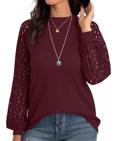 Women's Waffle Knit Blouse Puff Long/Short Sleeve Lace Tops Casual Loose T Shirts 02 Long Sleeve Wine $12.88 Others