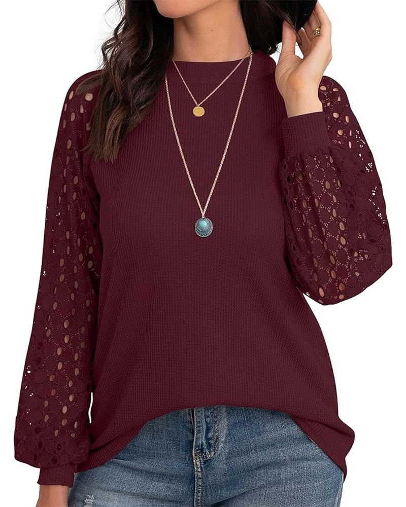 Women's Waffle Knit Blouse Puff Long/Short Sleeve Lace Tops Casual Loose T Shirts 02 Long Sleeve Wine $12.88 Others