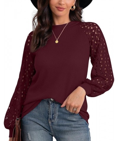 Women's Waffle Knit Blouse Puff Long/Short Sleeve Lace Tops Casual Loose T Shirts 02 Long Sleeve Wine $12.88 Others