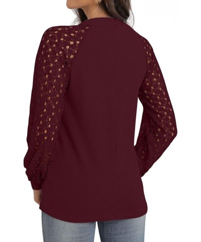 Women's Waffle Knit Blouse Puff Long/Short Sleeve Lace Tops Casual Loose T Shirts 02 Long Sleeve Wine $12.88 Others