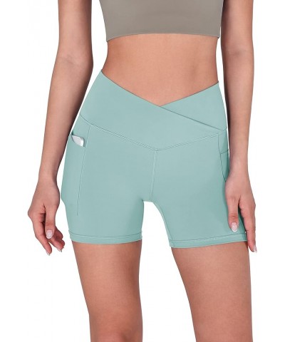 Crossover Yoga Shorts for Women 5" Inseam High Waist Athletic Workout Running Biker Shorts Pocket Chambray $12.71 Activewear