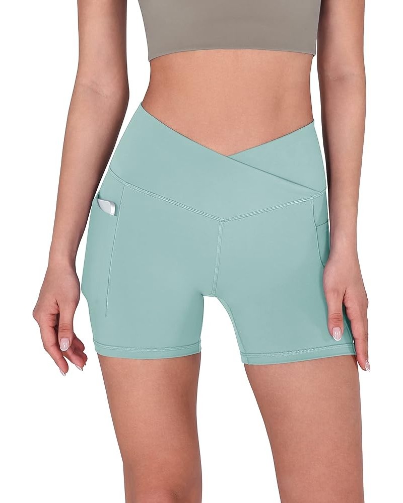 Crossover Yoga Shorts for Women 5" Inseam High Waist Athletic Workout Running Biker Shorts Pocket Chambray $12.71 Activewear