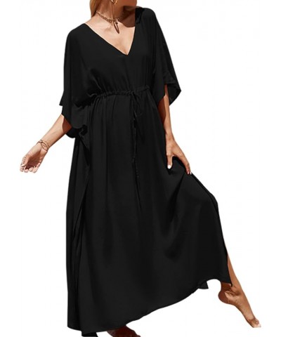 Long Loose Kaftan Dresses Swimsuit Cover Ups For Women V Neck Side Split Loungewear Coverups Beach Caftan Dress Black $19.75 ...