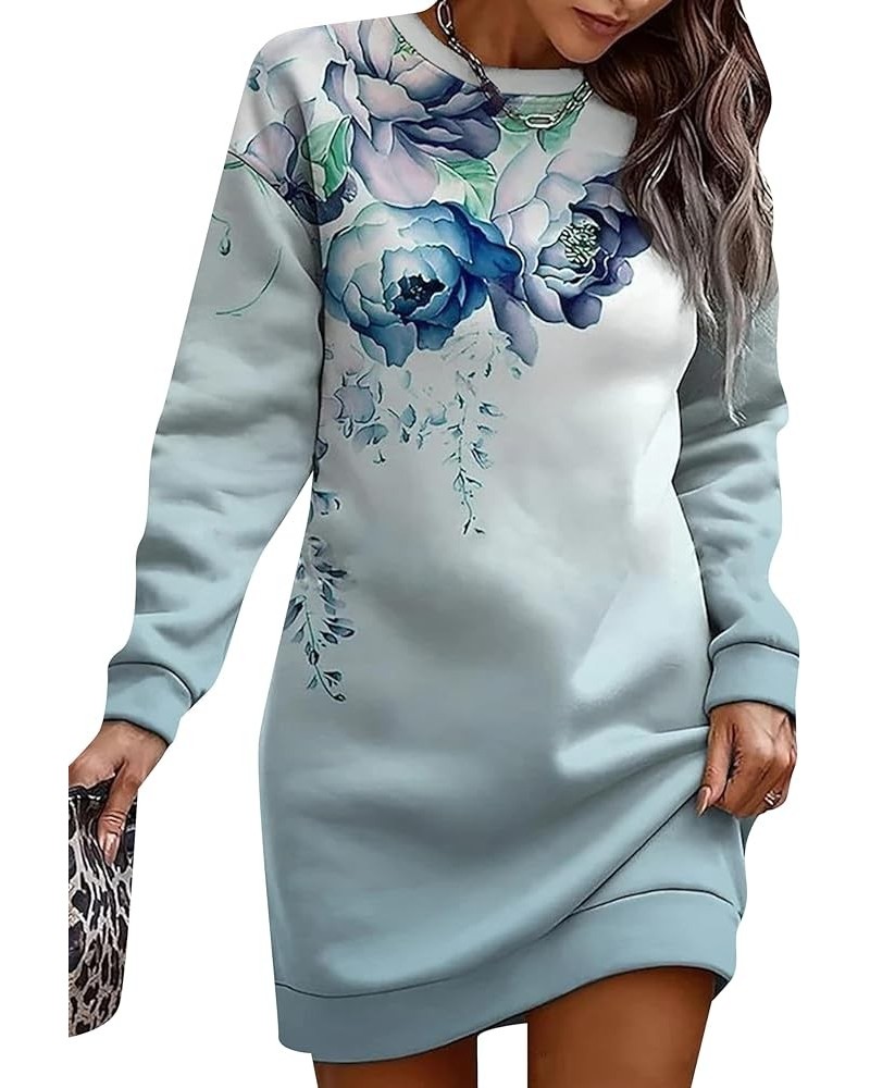 Women Long Sleeve Drop Shoulder Pullover Round Collar Ombre Dress Floral Print Casual Sweatshirt Dress Light Blue $13.24 Hood...