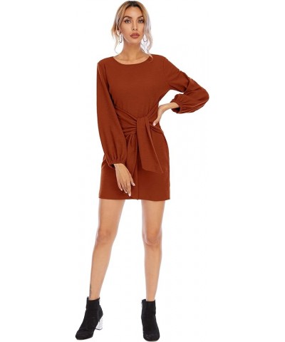 Women's Autumn Winter Cotton Long Sleeves Elegant Knitted Bodycon Tie Waist Sweater Pencil Dress Burnt Orange $15.21 Dresses