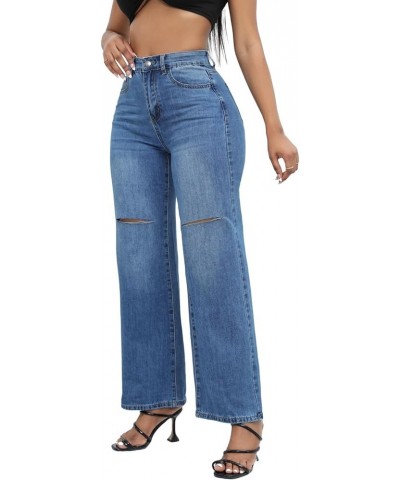 Women's Wide Leg Ripped Jeans Mid Rise Stretchy Denim Pants Dark Blue $22.13 Jeans