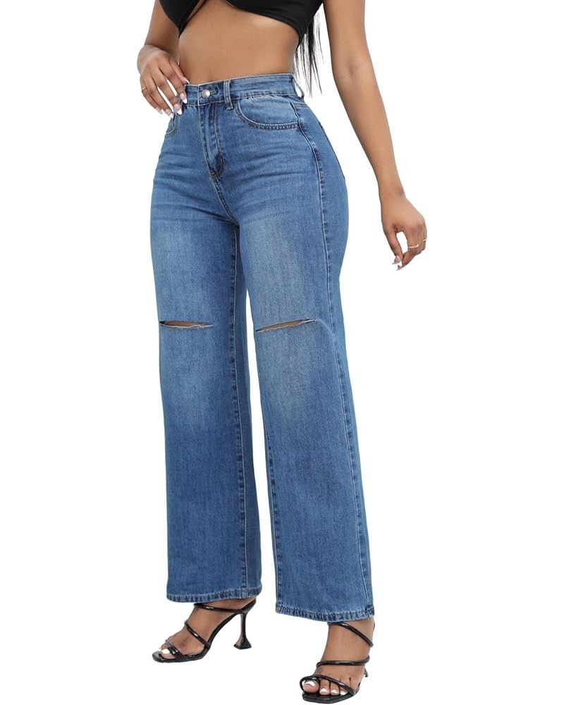 Women's Wide Leg Ripped Jeans Mid Rise Stretchy Denim Pants Dark Blue $22.13 Jeans