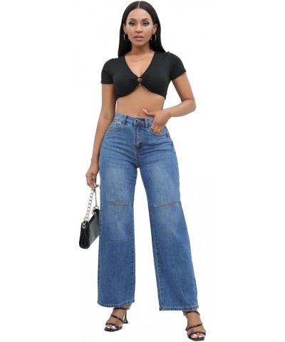 Women's Wide Leg Ripped Jeans Mid Rise Stretchy Denim Pants Dark Blue $22.13 Jeans