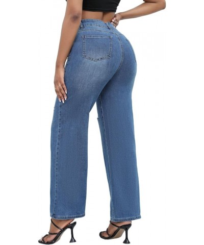 Women's Wide Leg Ripped Jeans Mid Rise Stretchy Denim Pants Dark Blue $22.13 Jeans