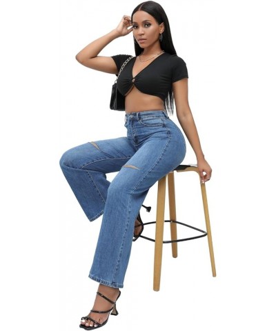 Women's Wide Leg Ripped Jeans Mid Rise Stretchy Denim Pants Dark Blue $22.13 Jeans