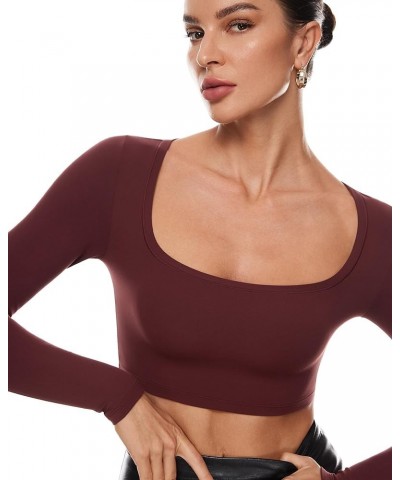 Women's Natrelax Long Sleeve Square Neck Crop Top Sexy Going Out Fitted Bodycon Bandeau Tops T Shirts Noctilucence Red $19.47...