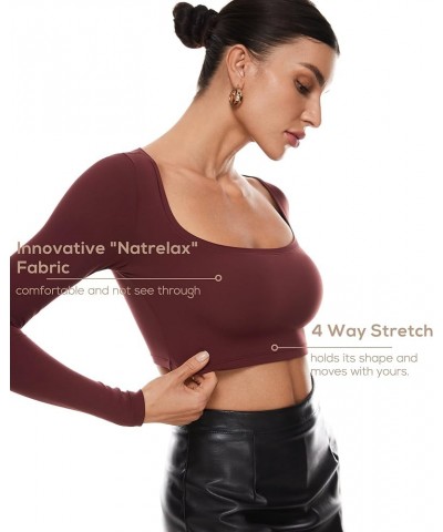 Women's Natrelax Long Sleeve Square Neck Crop Top Sexy Going Out Fitted Bodycon Bandeau Tops T Shirts Noctilucence Red $19.47...