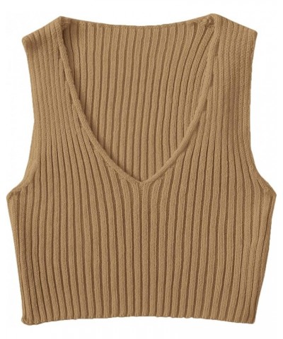 Women's Ribbed Knit Crop Sleeveless V-Neck Sweater Vest Crop Tank Top Brown $11.51 Sweaters