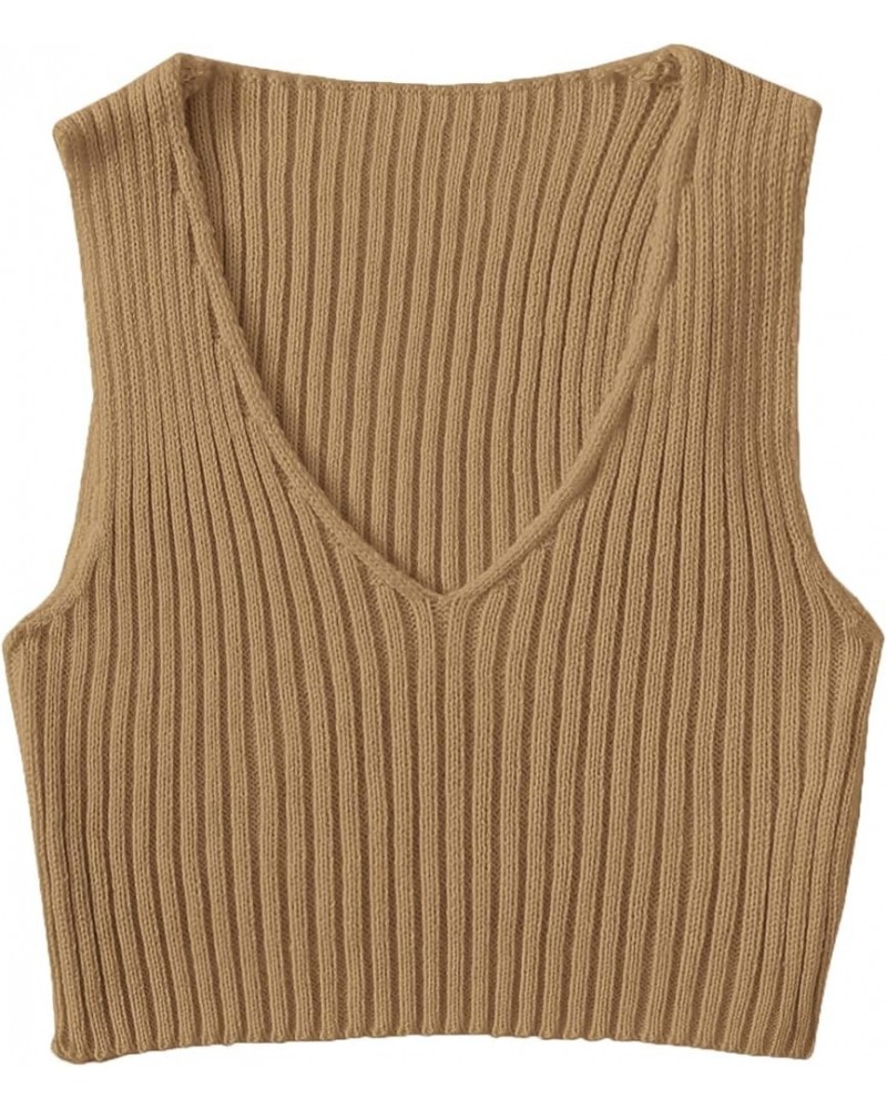 Women's Ribbed Knit Crop Sleeveless V-Neck Sweater Vest Crop Tank Top Brown $11.51 Sweaters