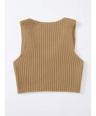 Women's Ribbed Knit Crop Sleeveless V-Neck Sweater Vest Crop Tank Top Brown $11.51 Sweaters