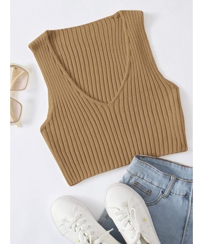 Women's Ribbed Knit Crop Sleeveless V-Neck Sweater Vest Crop Tank Top Brown $11.51 Sweaters