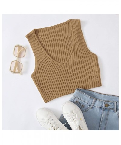 Women's Ribbed Knit Crop Sleeveless V-Neck Sweater Vest Crop Tank Top Brown $11.51 Sweaters