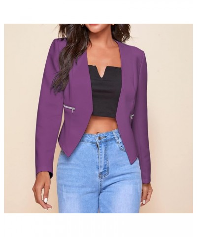 Women's 3/4 Sleeve Blazer Plus Size Solid Color Classic Casual Slim Lapel Collar Open Front Cardigan Suit Jacket Tops B-purpl...