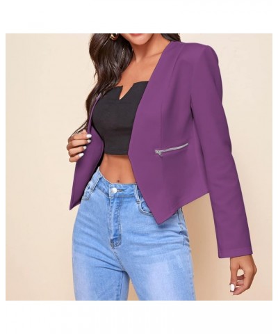 Women's 3/4 Sleeve Blazer Plus Size Solid Color Classic Casual Slim Lapel Collar Open Front Cardigan Suit Jacket Tops B-purpl...