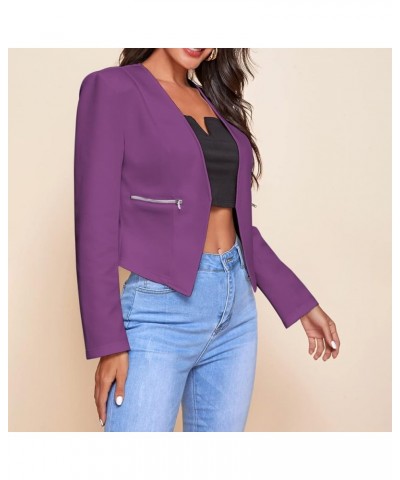 Women's 3/4 Sleeve Blazer Plus Size Solid Color Classic Casual Slim Lapel Collar Open Front Cardigan Suit Jacket Tops B-purpl...