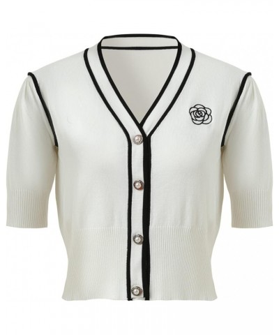 Women's V-Neck Short Sleeve Cardigan Button Down Classic Knit Shirt Top White $11.44 Sweaters