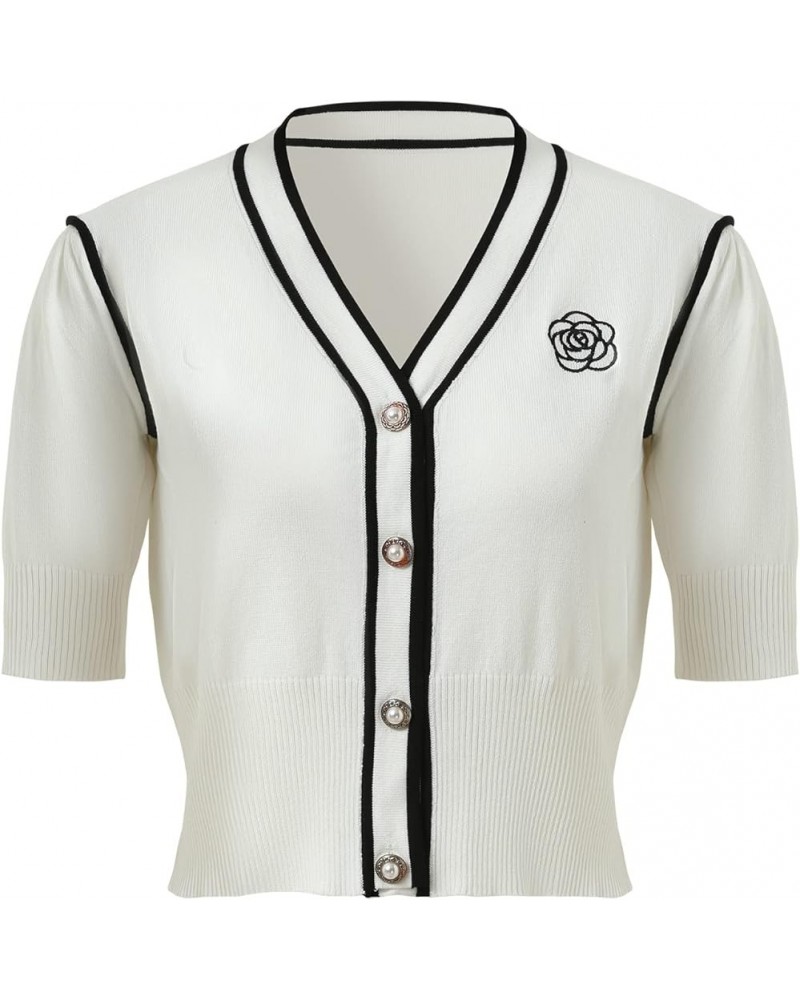 Women's V-Neck Short Sleeve Cardigan Button Down Classic Knit Shirt Top White $11.44 Sweaters