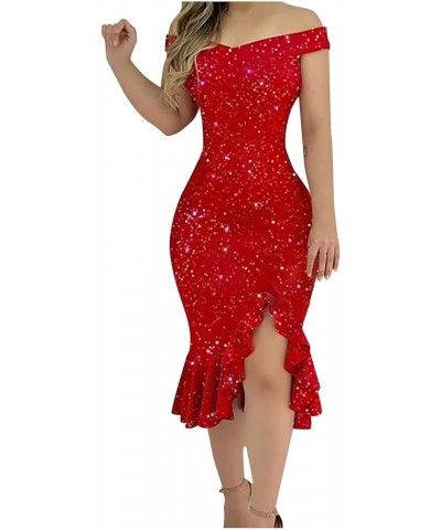 Women's Cocktail Dress Solid Color Sexy Sequin Slit Maxi Smocked One Shoulder Evening Dress Sleeveless 1-red $11.00 Dresses