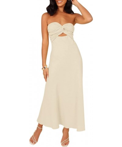 Women Cotton Linen Strapless Twist Knot Front Bandeau Tube Maxi Dresses Apricot $18.90 Dresses