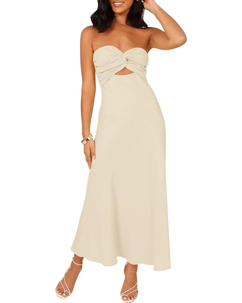 Women Cotton Linen Strapless Twist Knot Front Bandeau Tube Maxi Dresses Apricot $18.90 Dresses