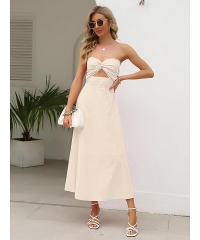 Women Cotton Linen Strapless Twist Knot Front Bandeau Tube Maxi Dresses Apricot $18.90 Dresses