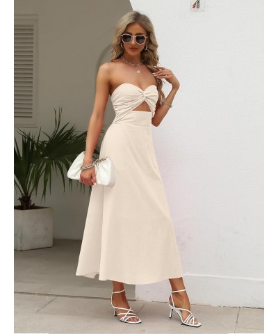 Women Cotton Linen Strapless Twist Knot Front Bandeau Tube Maxi Dresses Apricot $18.90 Dresses