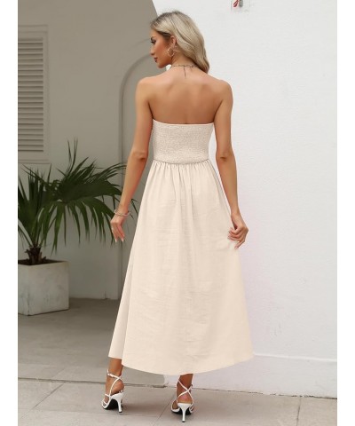 Women Cotton Linen Strapless Twist Knot Front Bandeau Tube Maxi Dresses Apricot $18.90 Dresses