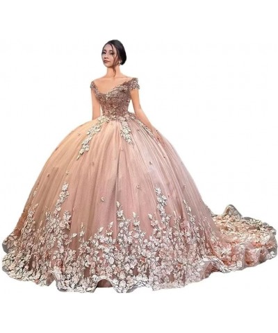 Luxury Sparkly Quinceanera Dresses Long Ball Gown Off The Shoulder Lace Princess Sweet 15 16 Dresses Blush Pink $73.60 Dresses