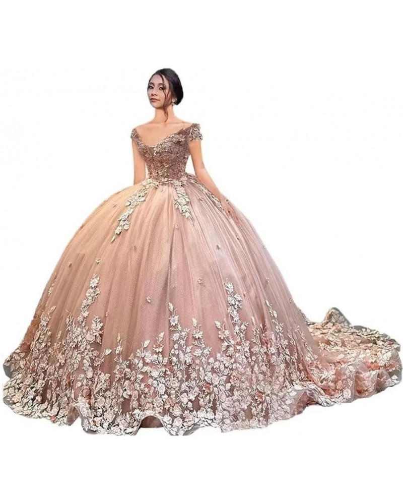 Luxury Sparkly Quinceanera Dresses Long Ball Gown Off The Shoulder Lace Princess Sweet 15 16 Dresses Blush Pink $73.60 Dresses