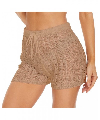 Womens Crochet Cover Up Shorts Hollow Out High Waist Knit Bathing Suit Bikini Swimsuit Z1-short-khaki $10.25 Swimsuits