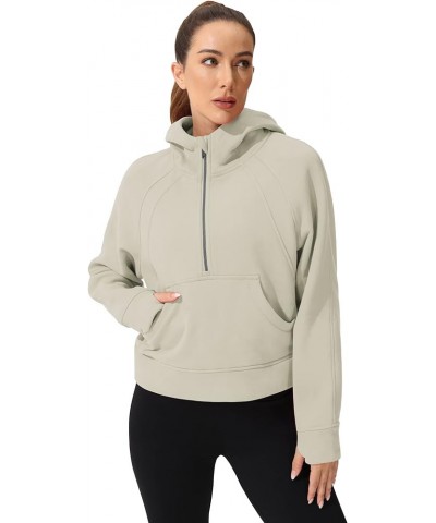 Women's Hoodie Half-Zip Long-Sleeve Fleece Lined Workout Casual Sweatshirt with Pockets Pullover Tops Khaki $17.49 Activewear