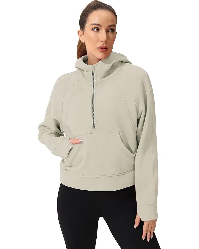 Women's Hoodie Half-Zip Long-Sleeve Fleece Lined Workout Casual Sweatshirt with Pockets Pullover Tops Khaki $17.49 Activewear