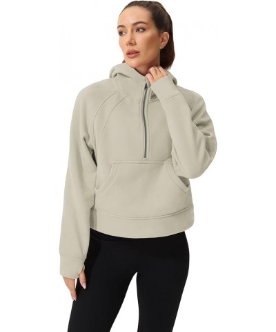 Women's Hoodie Half-Zip Long-Sleeve Fleece Lined Workout Casual Sweatshirt with Pockets Pullover Tops Khaki $17.49 Activewear