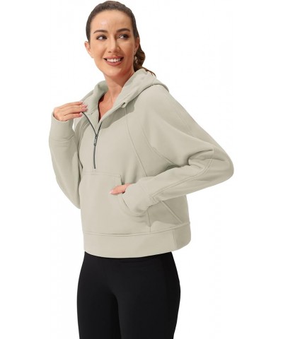 Women's Hoodie Half-Zip Long-Sleeve Fleece Lined Workout Casual Sweatshirt with Pockets Pullover Tops Khaki $17.49 Activewear