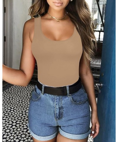 Womens Scoop Neck Sleeveless Tank Top Bodysuits Sexy Backless Ribbed Body Suits Jumpsuit Mocha $10.24 Bodysuits