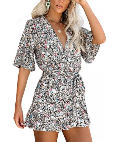 Women's Summer Romper Floral Print V Neck Flared Half Sleeve Elastic Tie Waist Ruffle Casual Rompers Jumpsuits T1 $22.67 Rompers