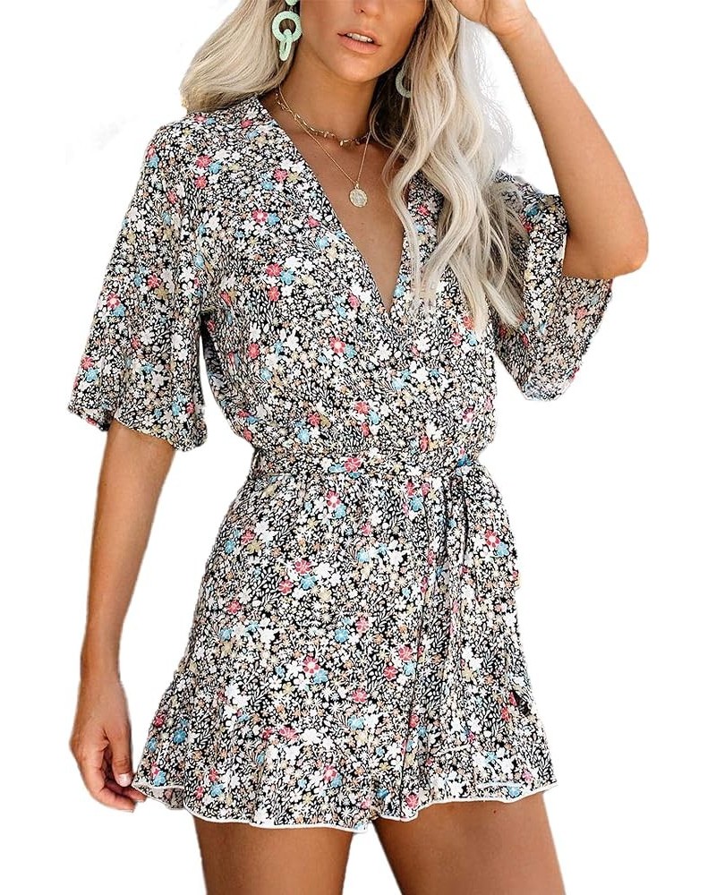 Women's Summer Romper Floral Print V Neck Flared Half Sleeve Elastic Tie Waist Ruffle Casual Rompers Jumpsuits T1 $22.67 Rompers