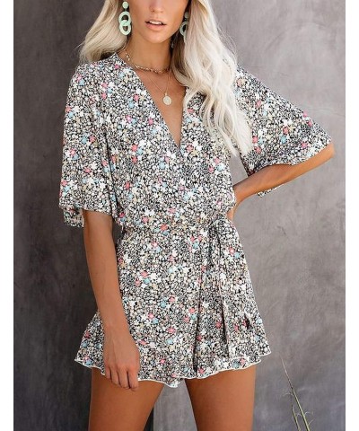 Women's Summer Romper Floral Print V Neck Flared Half Sleeve Elastic Tie Waist Ruffle Casual Rompers Jumpsuits T1 $22.67 Rompers