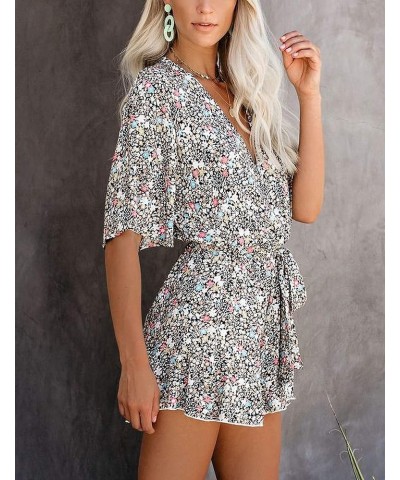 Women's Summer Romper Floral Print V Neck Flared Half Sleeve Elastic Tie Waist Ruffle Casual Rompers Jumpsuits T1 $22.67 Rompers