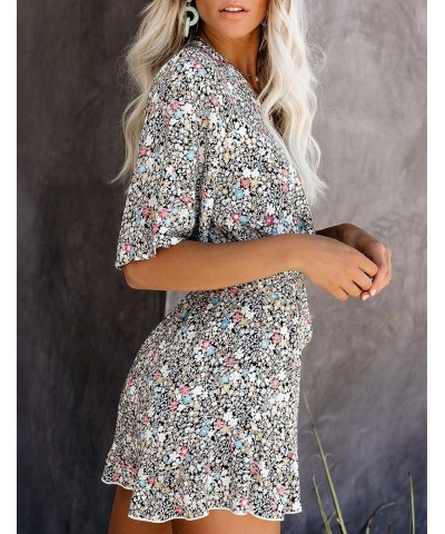 Women's Summer Romper Floral Print V Neck Flared Half Sleeve Elastic Tie Waist Ruffle Casual Rompers Jumpsuits T1 $22.67 Rompers