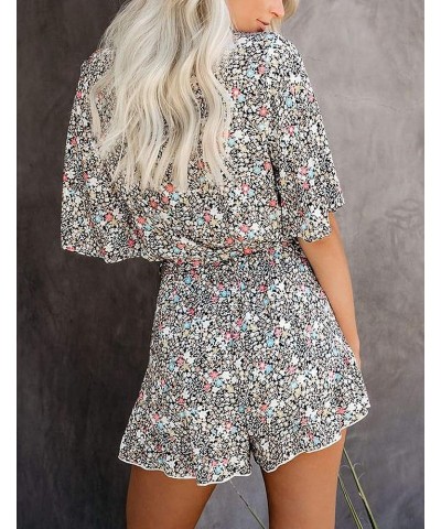 Women's Summer Romper Floral Print V Neck Flared Half Sleeve Elastic Tie Waist Ruffle Casual Rompers Jumpsuits T1 $22.67 Rompers